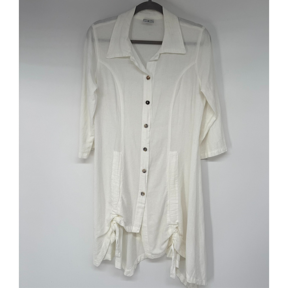 C.M.C Shirt Tunic Dress Womens Small White Tie Front Mother of Pearl Button USA